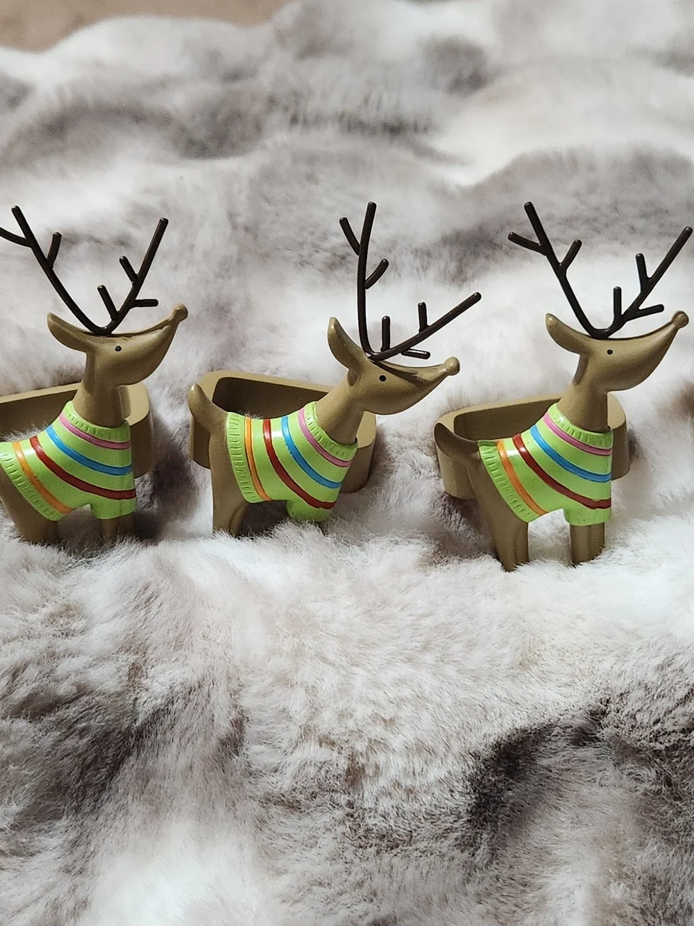 6 Festive Green Stripe Reindeer Napkin Rings - Holiday Table Decor